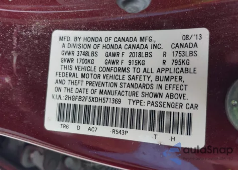 2013 Honda Civic Lx z USA, uszkodzony, nr VIN 2HGFB2F5XDH571369